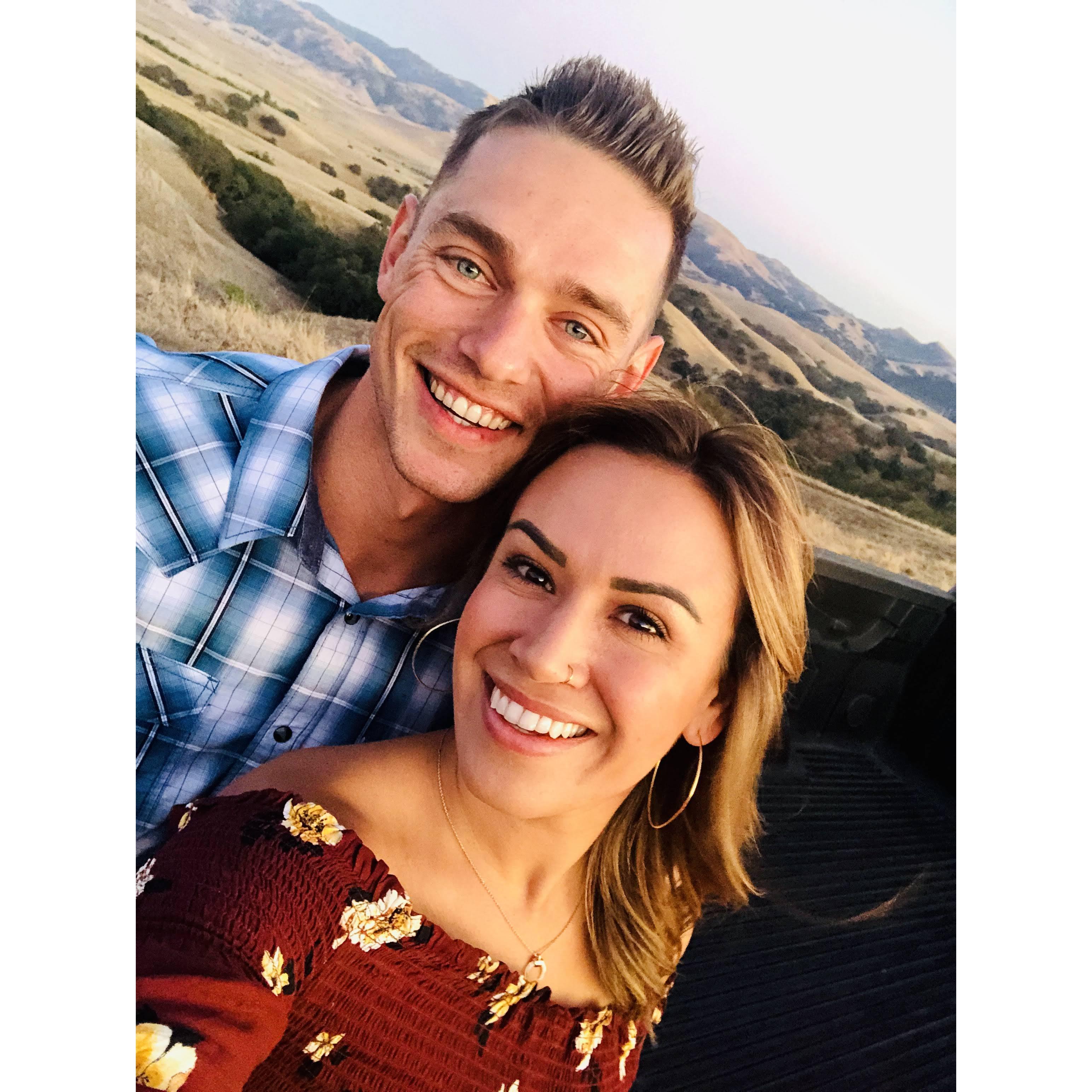 Our second date (we look cozy, I know). We watched the sunset from the Koopmann Ranch, after dinner downtown Pleasanton.