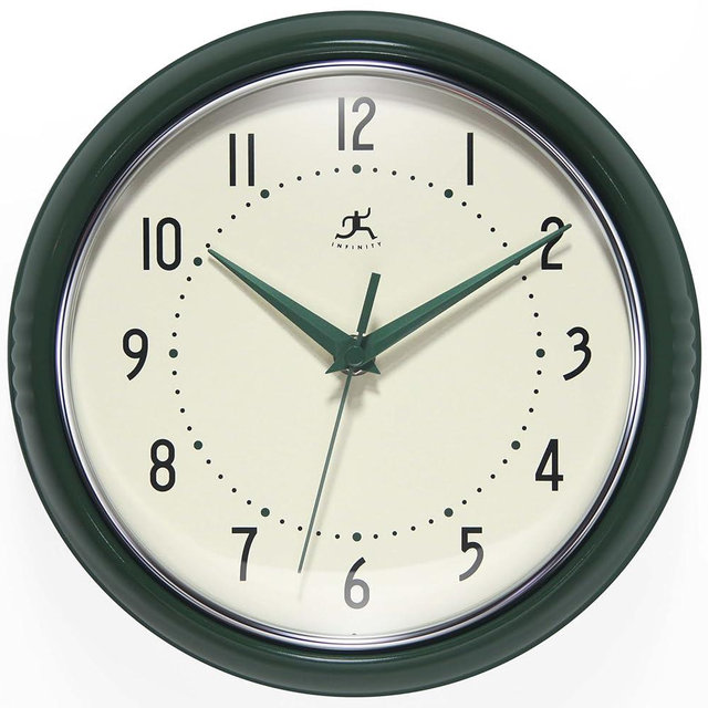 Infinity Instruments LTD. Retro 9 inch Silent Sweep Non-Ticking Mid Century Modern Kitchen Diner Wall Clock Quartz Movement Retro Wall Clock Decorative (Hunter Green)