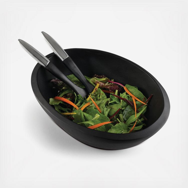 Nambe Oblong Nest Salad Bowl w/ Servers, Nambe Alloy & Acacia Wood