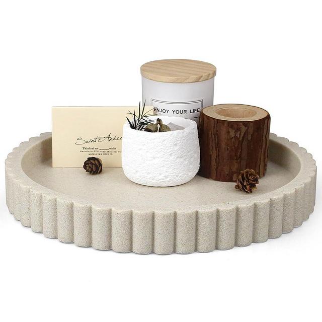 LIN CHUAN Decorative Coffee Table Tray, 11" Round Resin Coffee Table Centerpiece Tray for Home Decor, Modern Organizer for Living Room, Console or Dresser, Beige