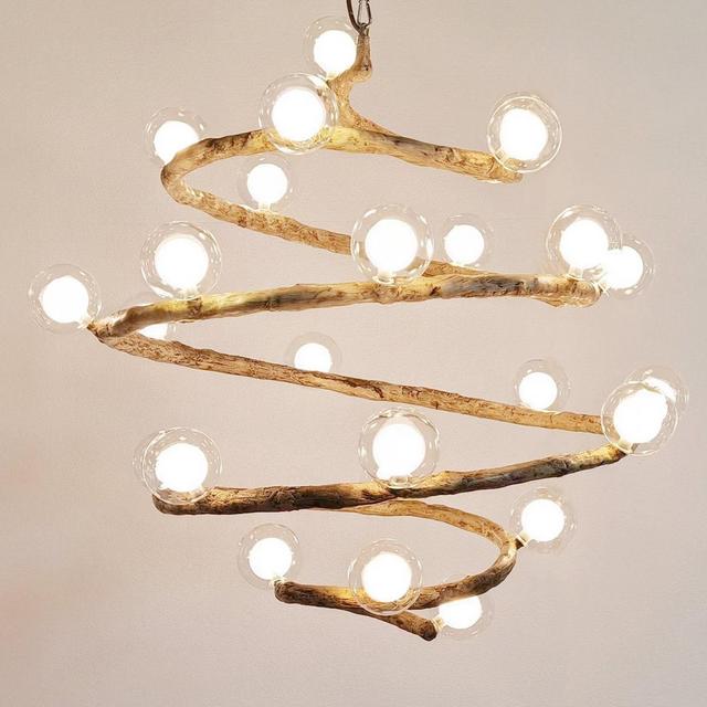 Nordic Rustic Tree Branch Hanging Chandelier with LED Bubble Glass lighting ,Modern Country Pendant Light for Dining Room or Island Lights