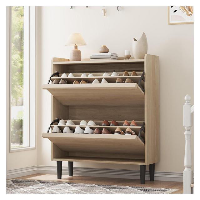 Wooden Shoe Cabinet with 2 Filp Drawers, 2-Tier Slim Shoe Rack with Adjustable and Removable Shelf, Narrow Freestanding Shoe Storage Organizer