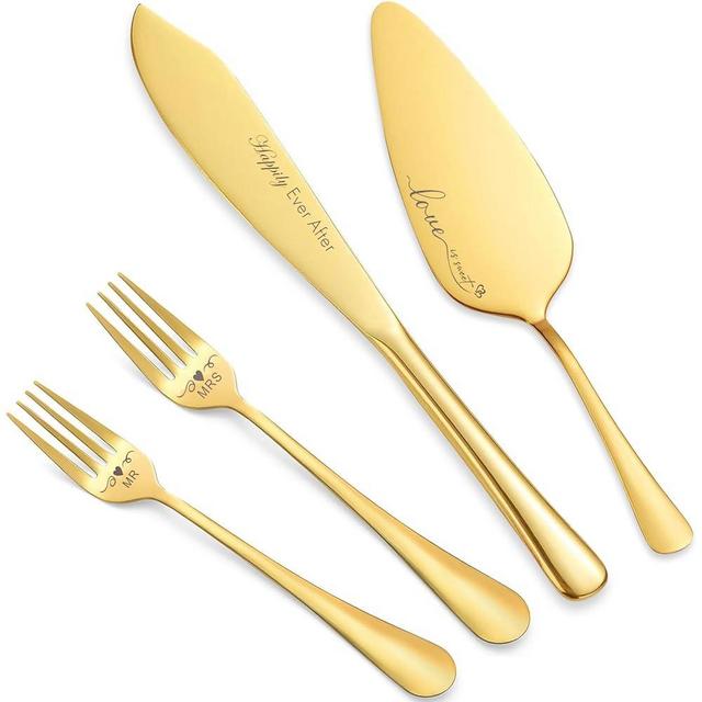 iooiluxry Wedding Cake Knife and Server Set, Cake Cutting Set for Wedding, Mr and Mrs Forks Cake Cutter Set for Wedding Anniversary Bridal Shower Gifts (Gold)