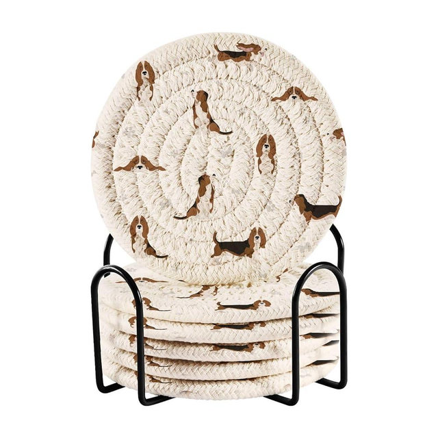 Dog Basset Hound Coasters for Drinks Set of 6 Woven Drink Coasters with Holder for Living Room Bar Table Office Home Decor