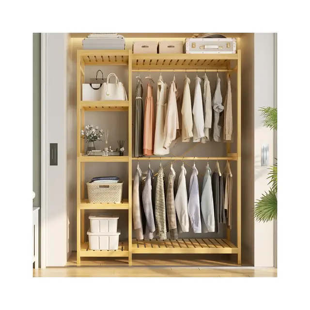 Besiost 41-In Bamboo Garment Rakc with Tower Shelves, Freestanding Closet Organizer with Hanging Rods - Natural