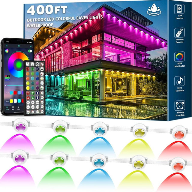 SINLEY 400FT Permanent Outdoor Lights,RGB Eaves Lights with App Control Remote,DIY Scene Modes IP67 Waterproof Outdoor Under Eave Lighting