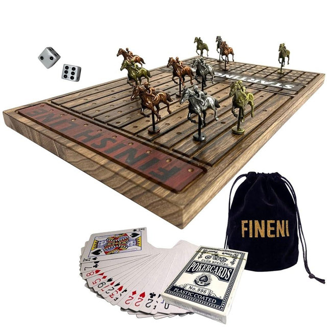 FINENI Horse Racing Game for Adults, Horse Race Board Game with 11 Luxurious Antique Matt Metal Horses(Bronze, Brass, Silver), 19” Wood Horse Race Game Board, Dice & Card Included (Log)