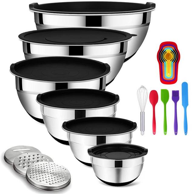 Mixing Bowls with Airtight Lids, 20PCS Stainless Steel Mixing Bowls Set, Nesting Bowls with 3 Grater Attachments Non-Slip Bottoms, Size7, 4, 3, 2, 1.5, 1QT Bowls for BakingPrepping