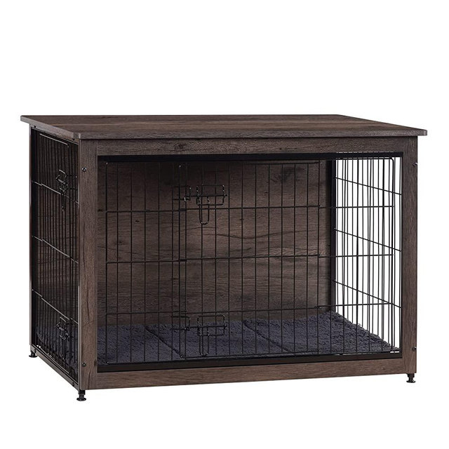 DWANTON Dog Crate Furniture with Cushion, Large Wooden Dog Crate with Double Doors, Dog Furniture, Indoor Dog Kennel, End Table, 38.5 x 25.6 x 26.8 inches, Dark Grey