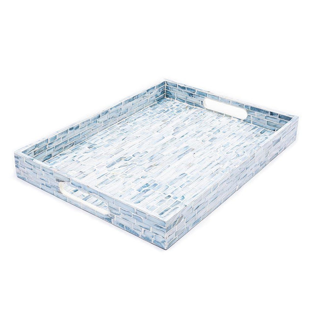 CLAYNIX Serving Tray 12.5 Inch, Wooden Lacquer Tray with Mother of Pearl Inlay, Elegant Tea & Breakfast Tray with Handles (Rectangle)