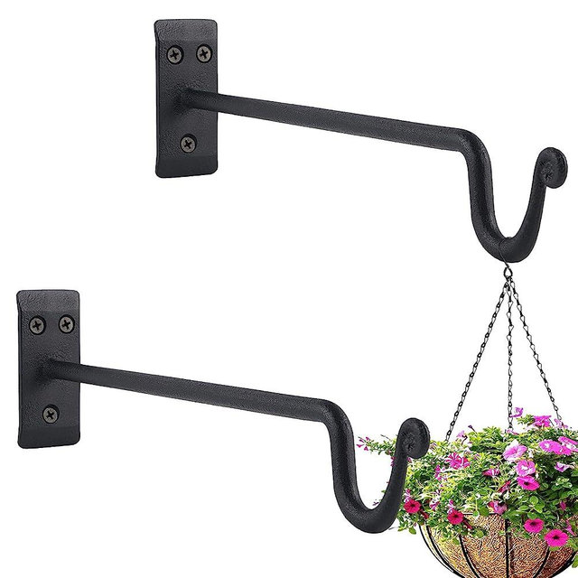 Hanging Plant Bracket (2 Pack-12 inches), Heavy Duty Metal Plant Hangers Outdoor or Indoor-Decorative Wall Hooks for Hanging Planter,Bird Feeders, Wind Chimes, Flower Pot,Basket,Lanterns-Matte Black