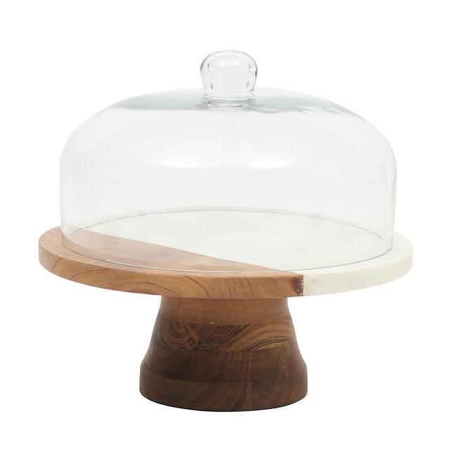 Gibson Elite Ridgehaven 10" Marble & Wood Cake Stand, Serving Platter, Charcuterie Board, and Center Piece Home Décor With Glass Lid