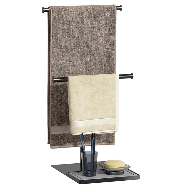 NADAMOO Towel Holder Stand, Adjustable Height 13.8"-24" Freestanding Double Bar Towel Rack with Stone Drying Tray, Wide Weighted Base, Rustproof Black Metal, for Bathroom, Kitchen Countertop