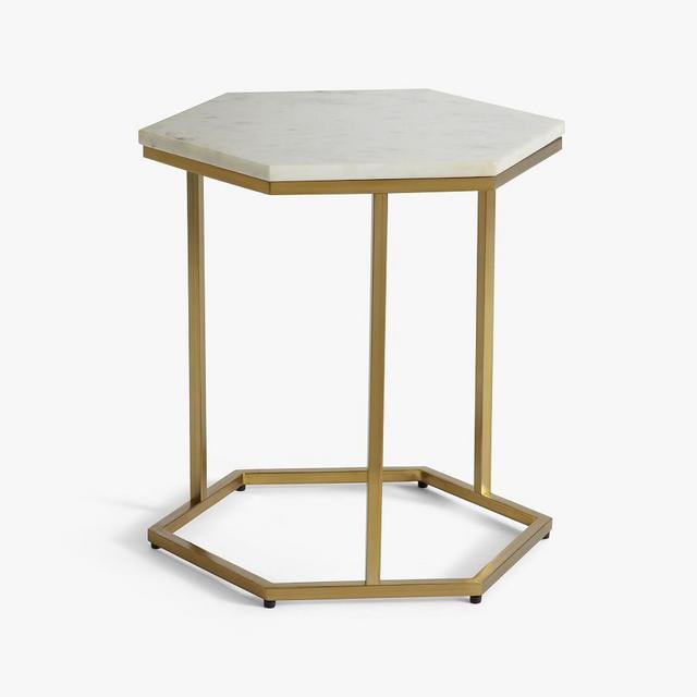 Delaney 18" Hexagon Marble Accent Table, Brass