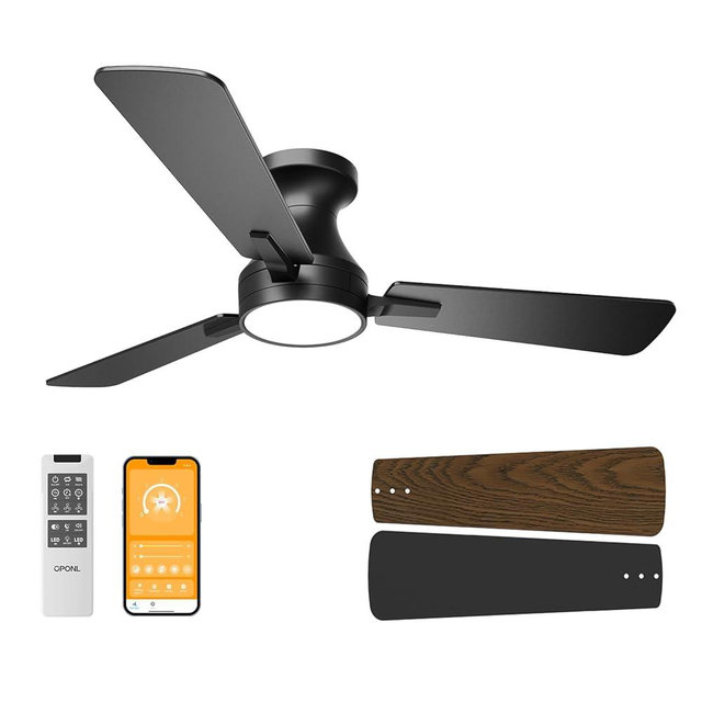 OPONL 42 Inch Ceiling Fans with Light, Black Low Profile Ceiling Fan with Light, Remote Control, Flush Mount, Reversible, 6CCT, Dimmable, Noiseless, Modern Ceiling Fan for Bedroom, Indoor/Outdoor Use