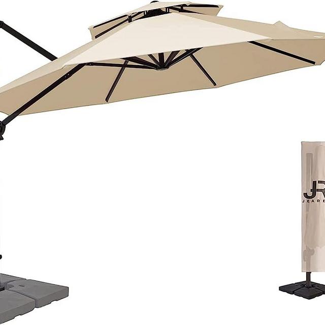 JEAREY 10FT Cantilever Patio Umbrellas Double Top Outdoor Umbrella Heavy Duty Offset Sun Umbrella with Umbrella Cover for Garden, Deck, Backyard and Pool, Beige