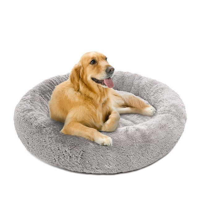Friends Forever Donut Dog Bed Faux Fur Fluffy Calming Sofa For Large Dogs, Soft & Plush Anti Anxiety Pet Couch For Dogs, Machine Washable Coco Pet Bed with Non-Slip Bottom, 36"x36"x8" Grey