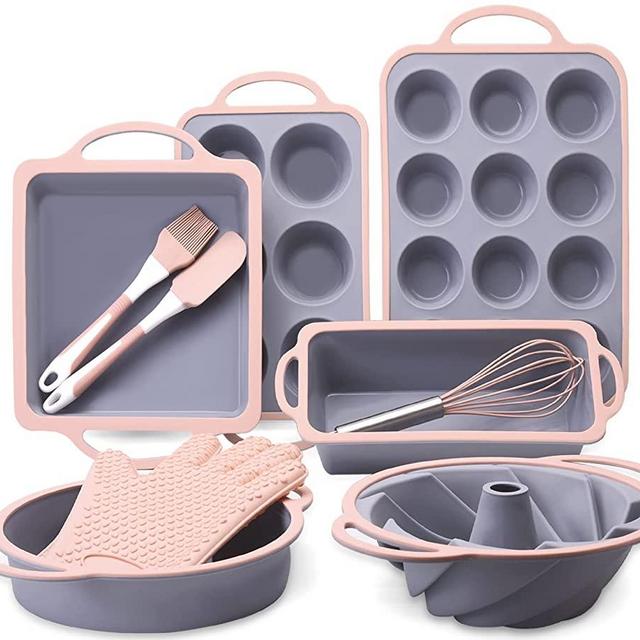 COOKSTYLE Baking Pans Sets, 10 in1 Nonstick Silicone Baking Set, Cake Pan Cookie Sheet Molds Tray Set for Oven, BPA Free Heat Resistant Bakeware Suppliers Tools Kit for Baking (Pink Gray)