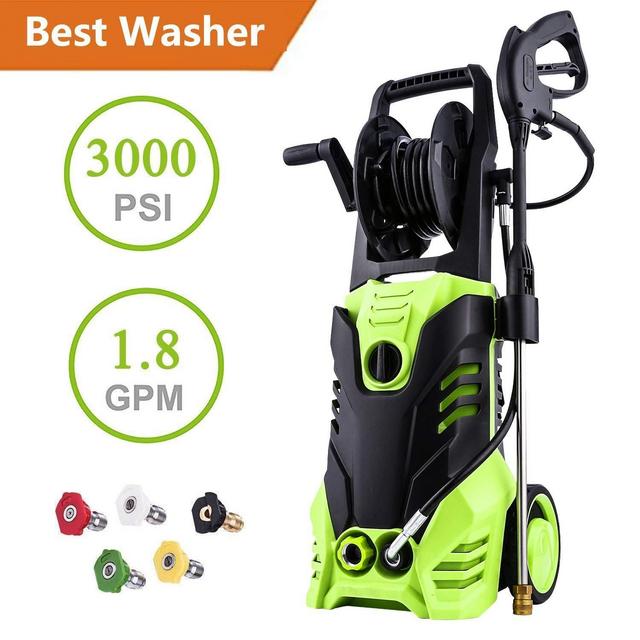 Flagup 3000PSI High Pressure Electric Washer Max Pressure 1.8GPM Power Hose Gun Winding Shaft 32.8ft Cord 5 Interchangeable Nozzles