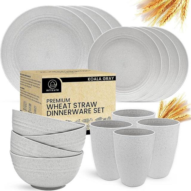 Miizula Premium 16 Pcs Light Gray Wheat Straw Dinnerware Sets - Unbreakable Reusable Plastic Wheat Straw Bowls & Plates Dinner Set - Microwave Dishwasher Freezer Safe - Deep Spillproof - Eco Friendly