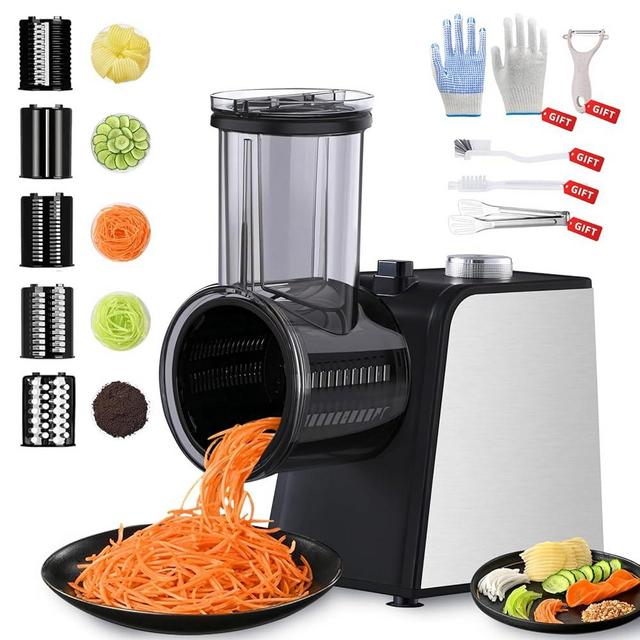 5-In-1 Electric Cheese Grater: [800W Advanced Motor] Upgraded Cheese Grater with 5-Interchangeable Blades, Peelers Cleaning Brush&Gloves as Gifts, Salad Shooter Electric for Cheese, Fruits (Black N3)