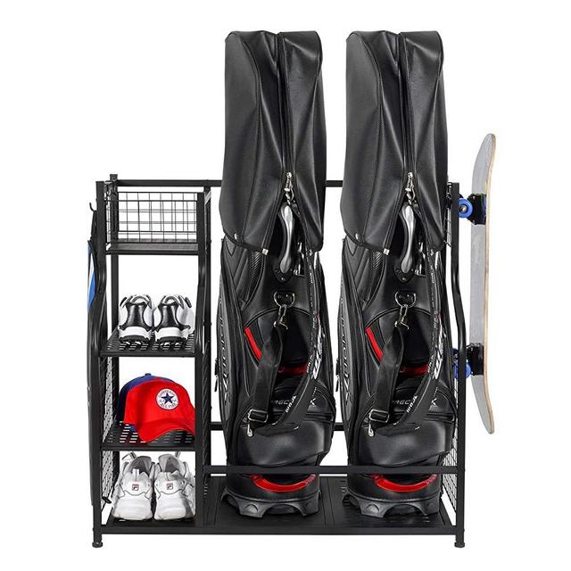 PLKOW Golf Bag Storage Garage Organizer, Fit for 2 Golf Bags and Golf Accessories, Extra Large Size Golf Bag Storage Stand and Golf Equipment Rack for Garage,Shed, Basement