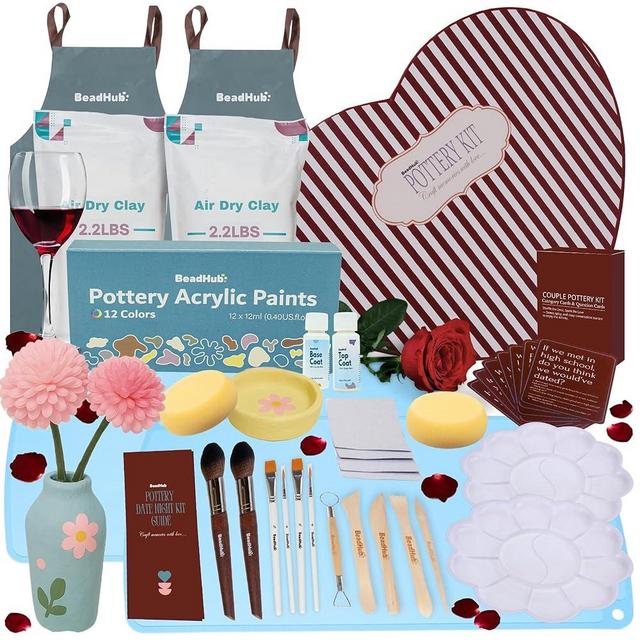 Date Night Pottery Kit for Beginners - 4.4Lbs Air Dry Clay for Adults with Sculpting Tools, Paint, Glaze, Modeling Clay Molding, Sculpt & Painting Set, Hobby DIY Art Craft Kits for Couple (White)