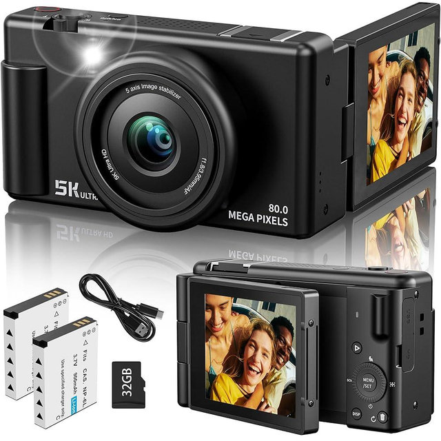 True 5K Digital Camera for Photography, Autofocus 80MP with 18X Digital Zoom 3" 270°Flip Screen Dual-Lens Selfie Camera for YouTube Vlogging & Content Creation, 2 Batteries, 32GB Card & Flash, Black