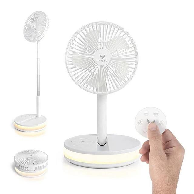 Original VENTY Portable Fan - Wireless Battery Operated Fan With 4 Speeds, Remote Control, Oscillation, & LED Lighting, Travel Rechargeable Fan & Power Bank USB-C Ports, Camping Fan (White with Case)