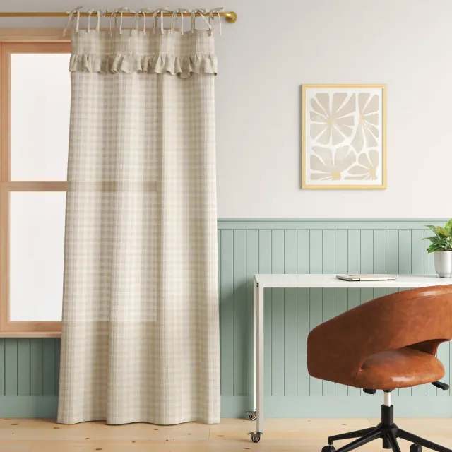 42"x84" Light Filtering Gingham Ruffle Dorm Curtain Panel Ivory/Tan - Room Essentials™