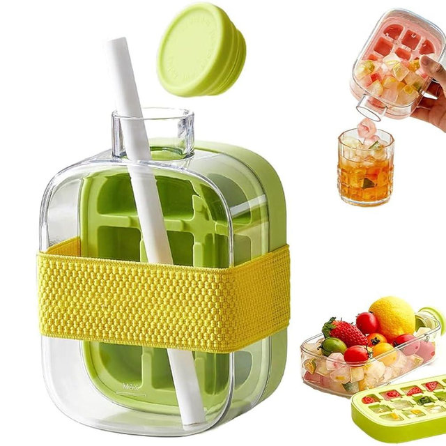 2026 Upgrade 2 in 1 Ice Cube Bottle with Straw,Portable Ice Cube Tray Built in Ice Mold Cup,Press to Release Touch Free Ice Tray Leak Proof Lid for Outdoor Office Travel Home Essential (Green, 17 OZ)