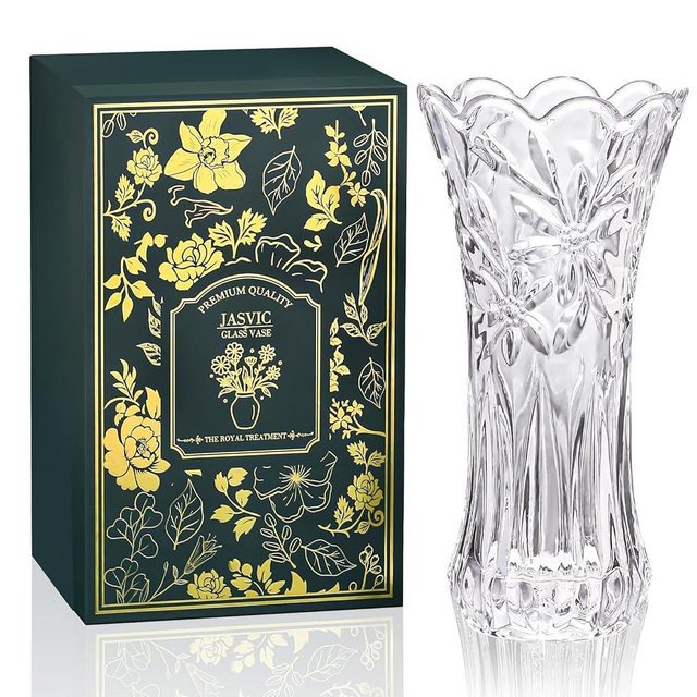 12" Glass Crystal Vase for Flowers with Luxury Gift Box, Elegant Tall Clear Vases for Wedding, Valentine Gift, Large Floreros Centerpieces for Living Room Home Décor