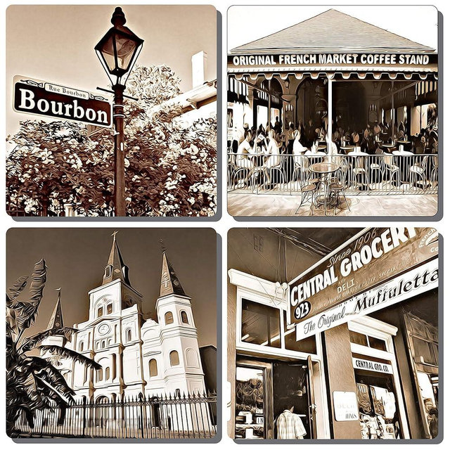 EXIT82ART - Stone Drink Coasters (Set of 4). New Orleans French Quarter. Vintage Black and White Images. Tumbled Stone, Cork-Backed.