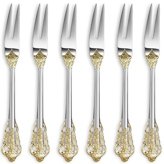 KEAWELL Luxury 6.3" Food Fork/Seafood Forks 18/10 Stainless Steel, Set of 6, Fruit Picks/Cocktail Forks/Charcuterie Accessories/Cocktail Picks for Appetizer, Cocktail, Pastry, Dessert (Gold Accent)