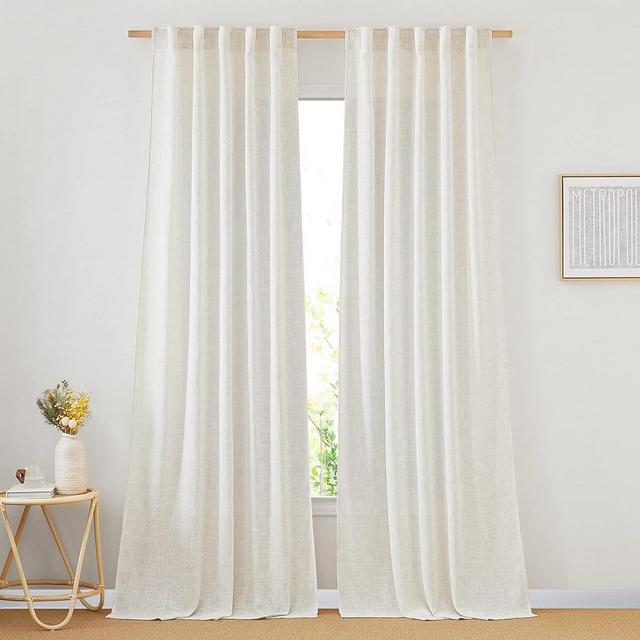 NICETOWN Linen Curtains for Bedroom 95 inch Long, Rod Pocket & Back Tab Flax Linen Weave Window Curtains & Drapes Privacy with Light Filtering for Living Room, Natural, W42 x L95, 2 Panels