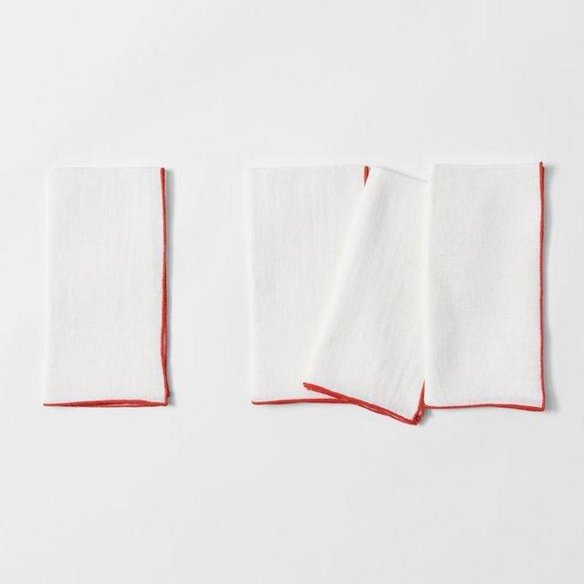 White Linen Napkin with Red Merrowed Edge
