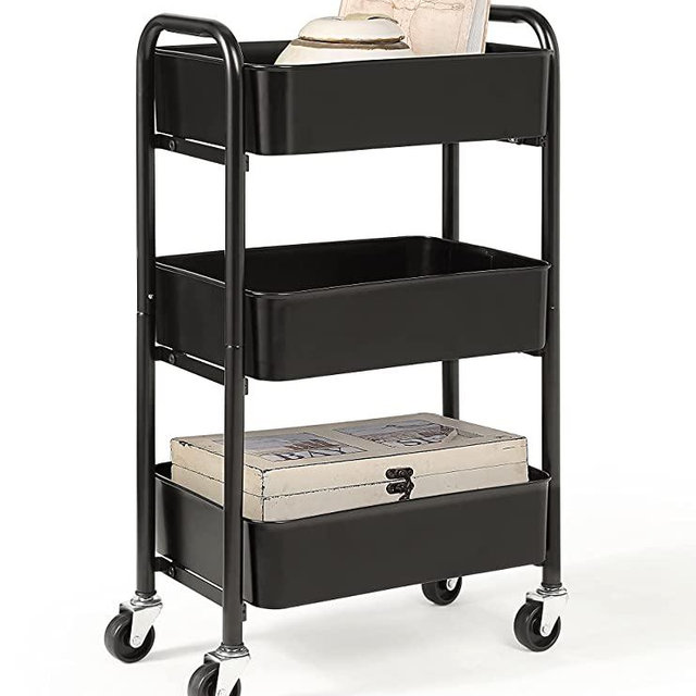 SunnyPoint 3-Tier Delicate Compact Rolling Metal Storage Organizer - Mobile Utility Cart Kitchen/Under Desk Cart with Caster Wheels (BLK, Compact (15.5" X 26.8" X 10.27"))