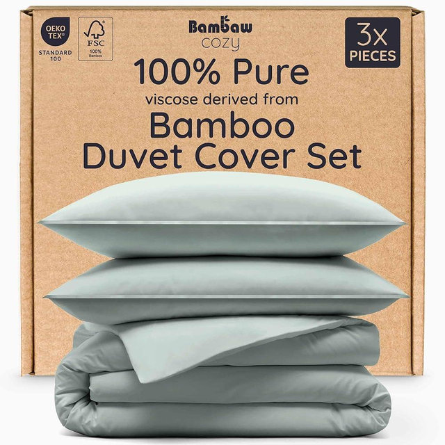 Bambaw 100% Viscose Derived from Bamboo Duvet Cover King Size – 3 Piece Cooling Duvet Cover Set, Breathable & Super Soft Bedding King Size, No Comforter (Sea Glass)