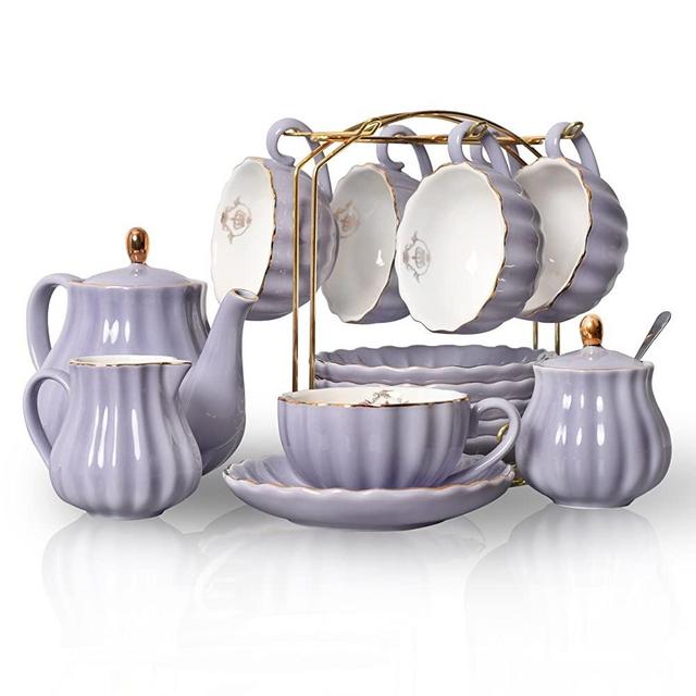 Pukka Home hualisi Porcelain Sets British Royal Series, 8 OZ Cups& Saucer Service for 6, with Teapot Sugar Bowl Cream Pitcher Teaspoons Strainer for Tea/Coff, 17.6 x 13.4 x 7.8 inches