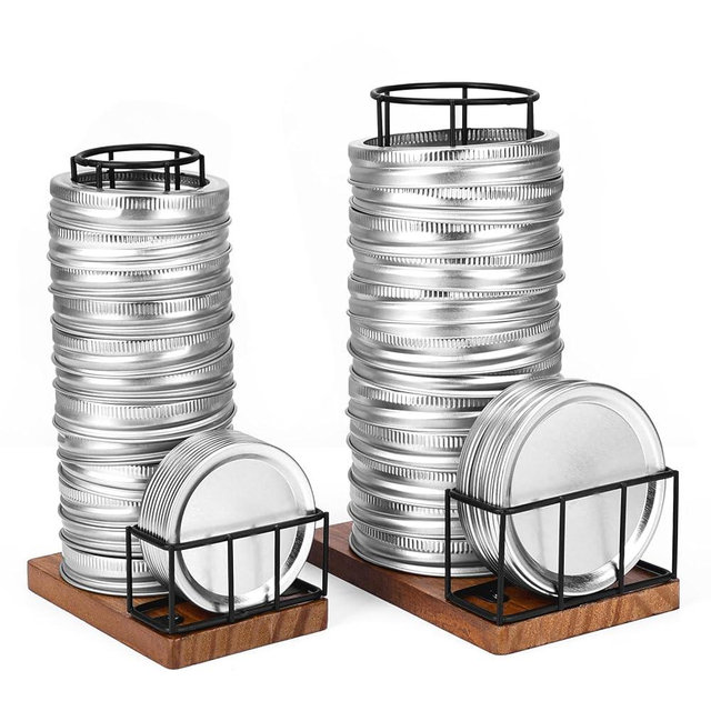 2PCS Mason Jar Lid Organizer & Holder (Wide Mouth & Regular Mouth) Iron Ball Jar Wooden Storage Accessories for Home Kitchen Organization Fit Mason/Canning/Bamboo Lids, Holds 20 Lids & 20 Rings