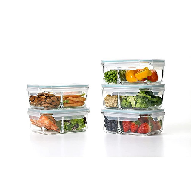Glasslock Duo 5 Piece Clear Tempered Glass Microwave, Dishwasher, Freezer, and Fridge Safe Divided Food Storage Containers with BPA Free Plastic Lids