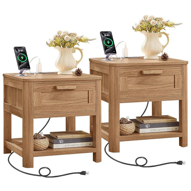 Joaxswe Farmhouse Nightstand Set of 2 with Charging Station,19.7"End Table with Drawer,Dark Wood Night Stand with Open Storage Shelf,Rustic Wood Bed Side Table Dresser for Bedroom, Living Room, Closet