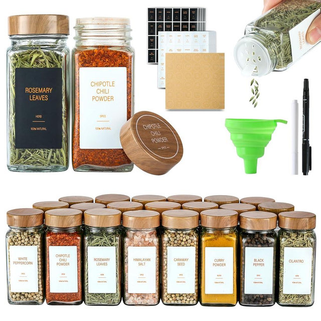 TESUNMU Spice Jars with Label，4oz Seasoning Containers, Glass Spice Bottles with Shaker Lids,Funnel, Chalk Pen (48)