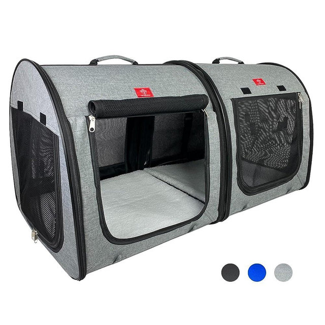 One for Pets Portable 2-in-1 Double Pet Kennel/Shelter, Fabric, Black/Royal Blue 20x20x39 - Car Seat-Belt Fixture Included (Gray)