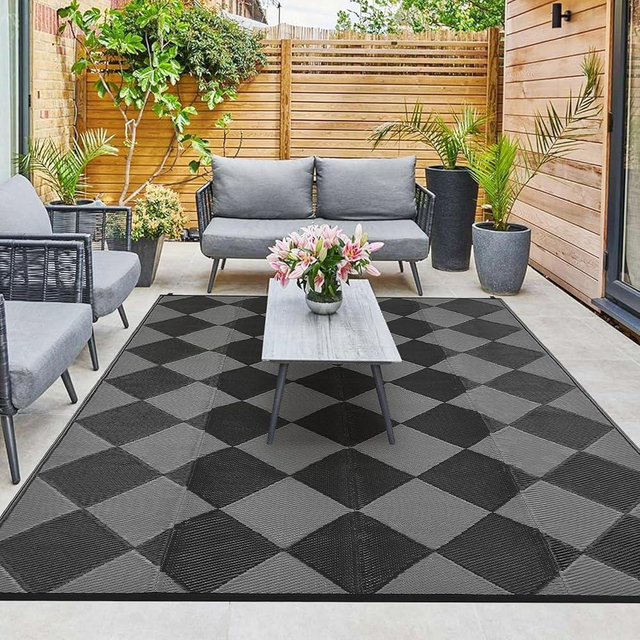 GAOMON Outdoor Rug 8x10 Area Rugs for Patio Waterproof Plastic Straw Rug Reversible Patio Rugs RV Camping Outdoor Carpet for Porch Patio Outside RV Deck Balcony Picnic Beach Decor Trellis-Black/Grey