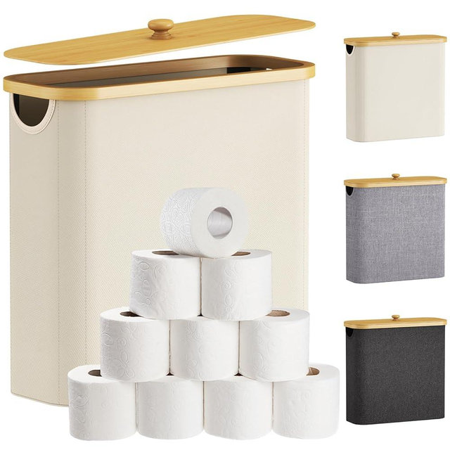 Lifewit 30L Toilet Paper Storage, Bamboo Toilet Paper Roll Basket Organizer Holder Stand with Lid, Bathroom Organizer Cabinet Essentials with Handle, White