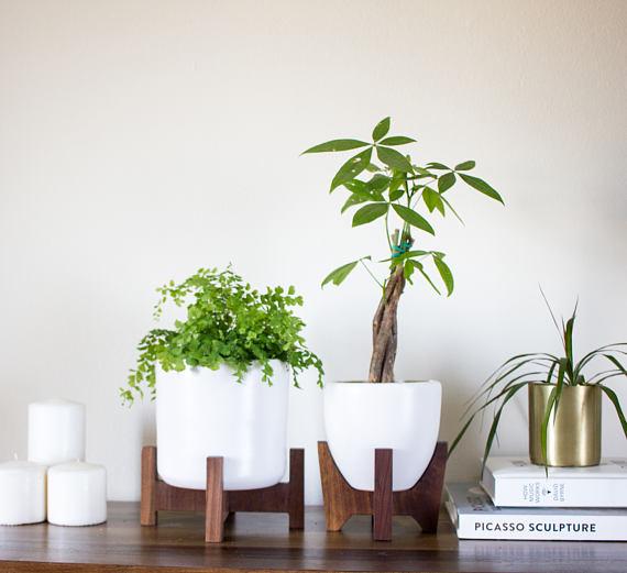 FREE SHIPPING: Tabletop Bell Mid-century Modern Planter, Plant Stand with 5.5" Bell Ceramic - Walnut