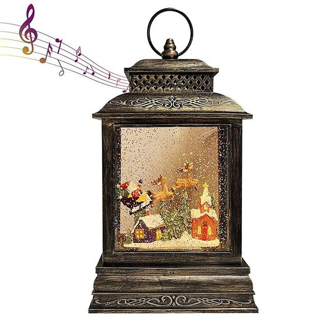 GOOSH Lighted Christmas Snow Globe Lantern, Santa Reindeer Sled Fly Over Town in Musical Decoration Gift with Battery Operated LED Water Glittering Music Playing with 6H Timer Home Decor