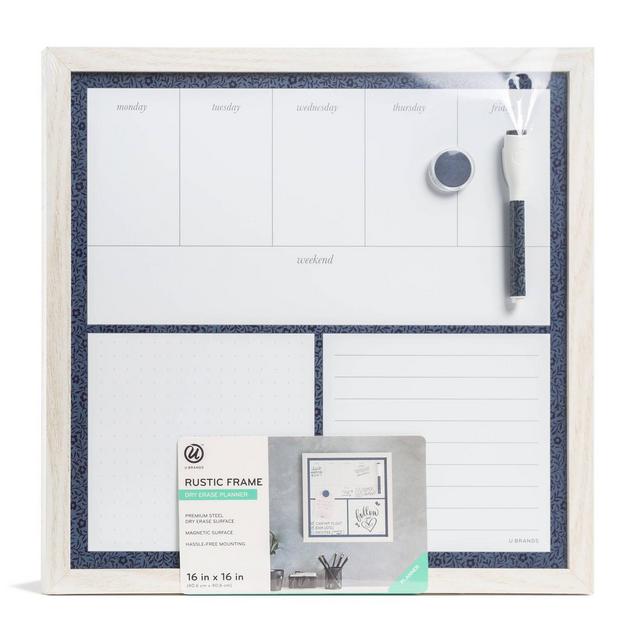 16" x 16" Magnetic Dry Erase Planner Board - Rustic White Frame - U-Brands