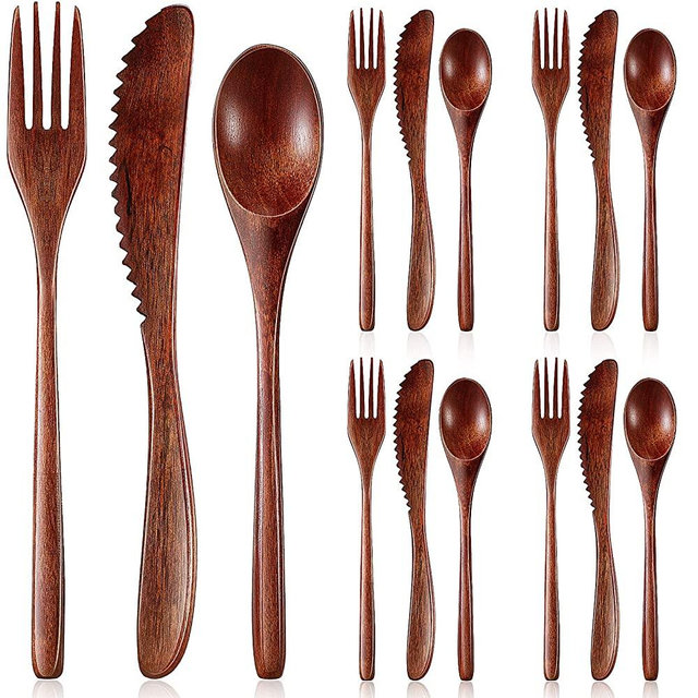 12 Pieces Wooden Spoon Fork Knife Cutlery Set Wooden Dinner Utensil Set Kitchen Wooden Flatware Tableware Cutlery Set Includes Wooden Spoon, Fork, Knife